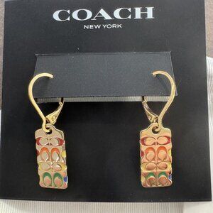 Coach Rainbow Quilted C Tag Gold-Tone Drop Earrings New With Pouch & Tag